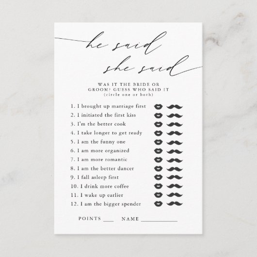 Hij zei, ze zei Vrijgezellenfeest partij spel Informatiekaartje (Voorkant)