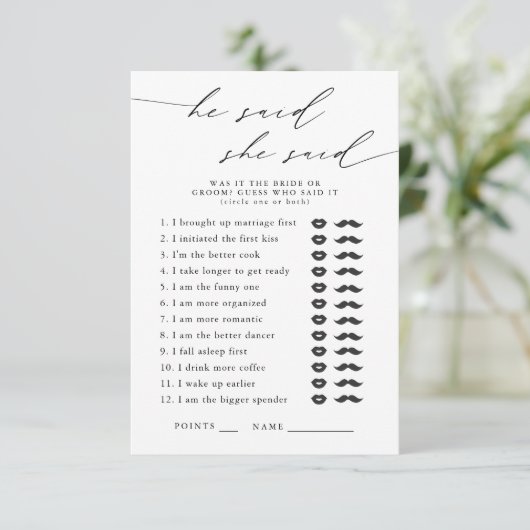 Hij zei, ze zei Vrijgezellenfeest partij spel Informatiekaartje (Staand voorkant)