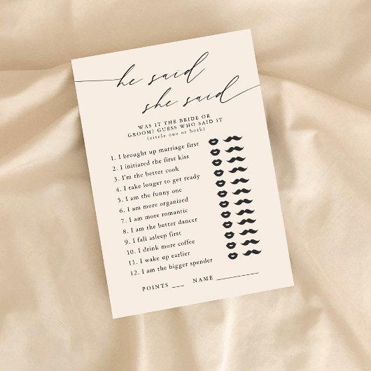 Hij zei, ze zei Vrijgezellenfeest partij spel Informatiekaartje