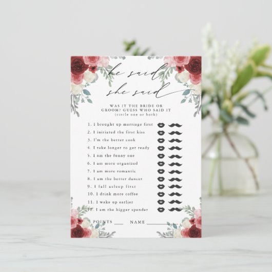 Hij zei, ze zei wijn bloemstuk partij spel informatiekaartje (Staand voorkant)