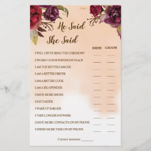 Hij zei zij zei bordeauxrood koppel shower spelkaa flyer