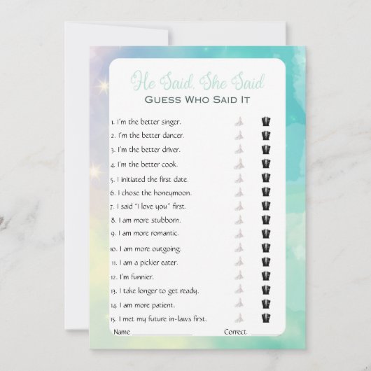 Hij zei, zij zei bruidsshowerspel kaart (Voorkant)