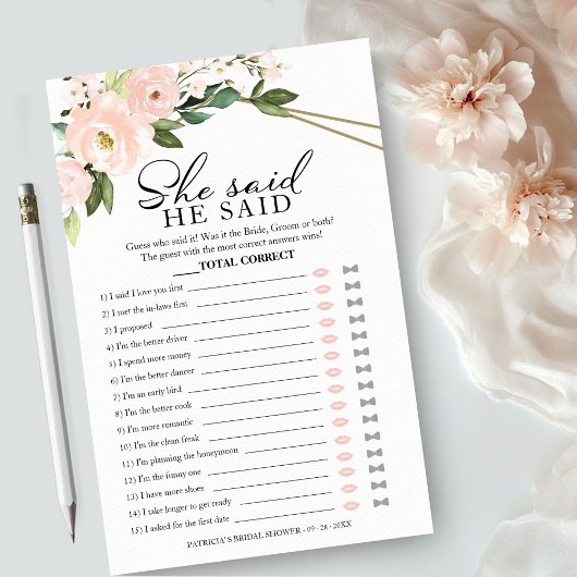Hij Zei Zij Zei Spel Roze Blush Bruiloft Flyer