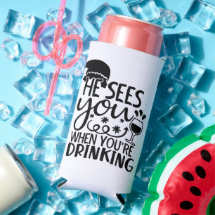 Hij ziet je als je Drink   Santa Humor Seltzer Blikjeskoeler