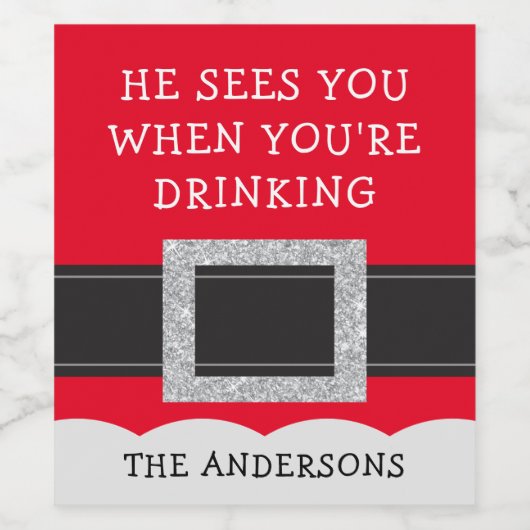 Hij ziet je als je kerstman Drink Wijn Etiket (Enkel label)