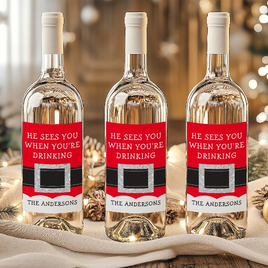 Hij ziet je als je kerstman Drink Wijn Etiket