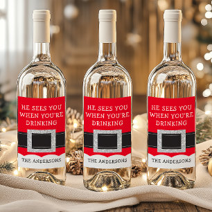 Hij ziet je als je met Kerstmis drinkt Wijn Etiket