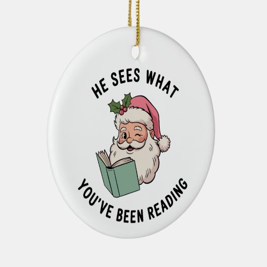 Hij ziet wat je hebt gelezen, boekenachtige kerst keramisch ornament (Rechts)