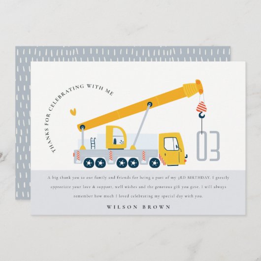 Hijsauto Bouwvoertuig Kinderverjaardag Bedankkaart (Voorkant / Achterkant)