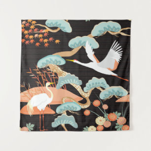 Hijskranen, reigers: Japans vogelpatroon. Wandkleed