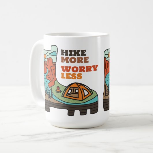 Hike More Worry Less Funny Camping Mug Koffiemok (Voorkant links)