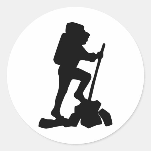 Hiker Silhouet Embleem Grafisch Ontwerp Backpacker Ronde Sticker (Voorkant)