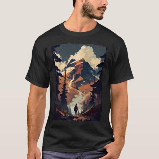 Hiking camping mountains sunset hiker retro 70s vi t-shirt (Voorkant)