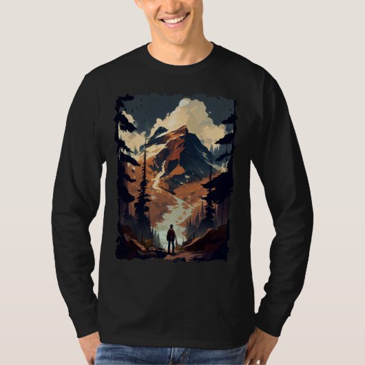 Hiking camping mountains sunset hiker retro 70s vi t-shirt (Voorkant)