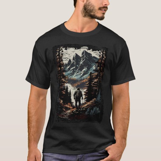 Hiking camping mountains sunset hiker retro 70s vi t-shirt (Voorkant)