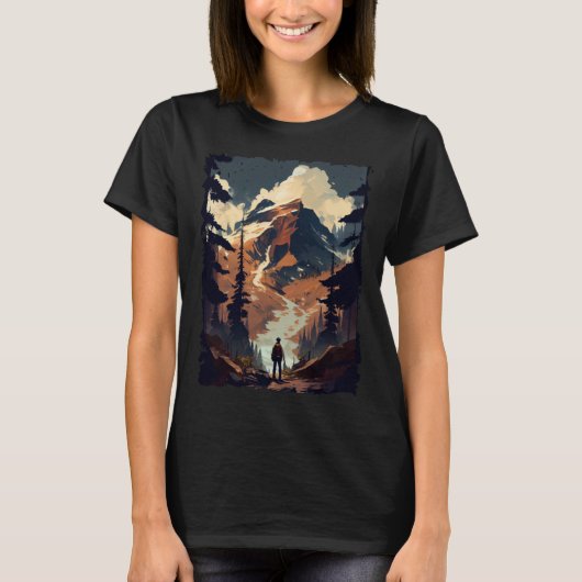 Hiking camping mountains sunset hiker retro 70s vi t-shirt (Voorkant)