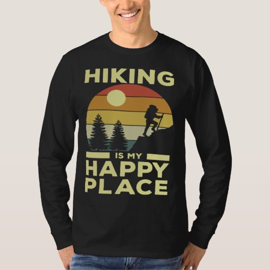 Hiking is My Happy Place Retro Sunset Mountain Cli T-shirt (Voorkant)