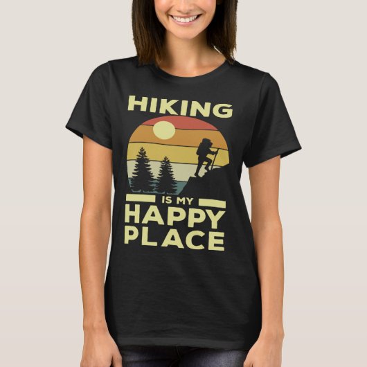 Hiking is My Happy Place Retro Sunset Mountain Cli T-shirt (Voorkant)