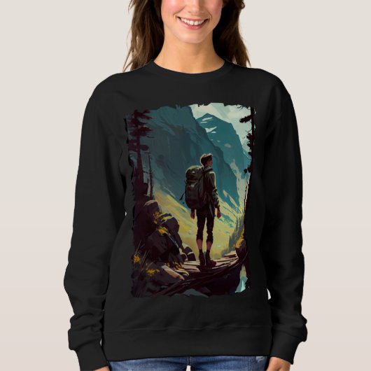 Hiking Woman mountains sunset hiker retro 70s vint Trui (Voorkant)