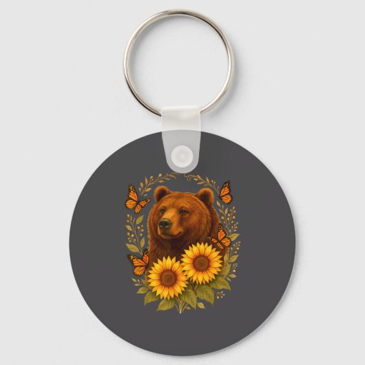 Hilarious Bear Butterfly Nature Rustic Sunflower M Sleutelhanger (Voorkant)