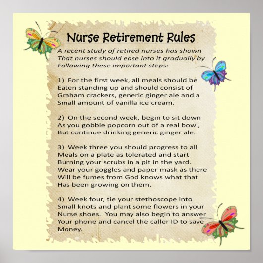 Hilarious "Nurse Retirement Rules" Poster 12x12" (Voorkant)