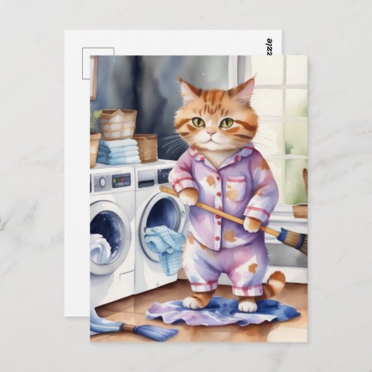 Hilarisch Schattige Kat in Pyjama Doing Wasserij Briefkaart (Voorkant / Achterkant)