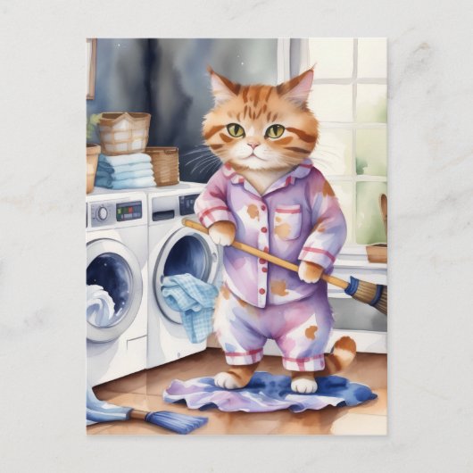 Hilarisch Schattige Kat in Pyjama Doing Wasserij Briefkaart (Voorkant)