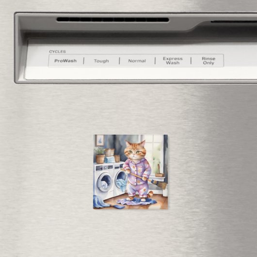 Hilarisch Schattige Kat in Pyjama Doing Wasserij Magneet (Insitu (Vaatwasser))