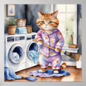 Hilarisch Schattige Kat in Pyjama Doing Wasserij Poster (Voorkant)
