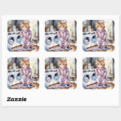 Hilarisch Schattige Kat in Pyjama Doing Wasserij Vierkante Sticker (Vel)