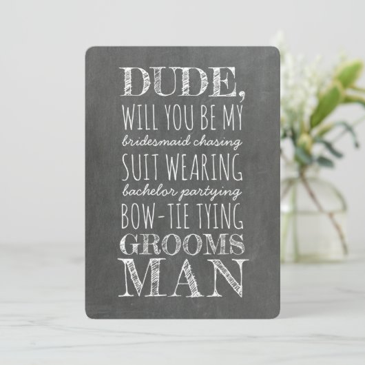 Hilarisch voorstel voor bruidsjonker in pak kaart (Staand voorkant)