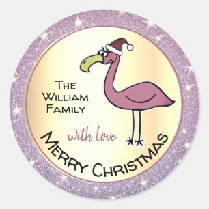 Hilarisch X-Mas Flamingo Licht Paarse Glitter Goud Ronde Sticker