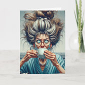 Hilarische dame met rommelige broodjes en koffie kaart (Voorkant)