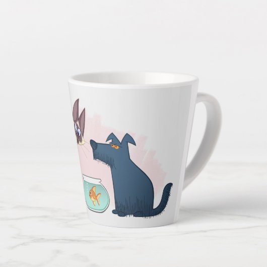 Hilarische kat, hond en goudvis Cartoon tekening Latte Mok (Rechterhoek)
