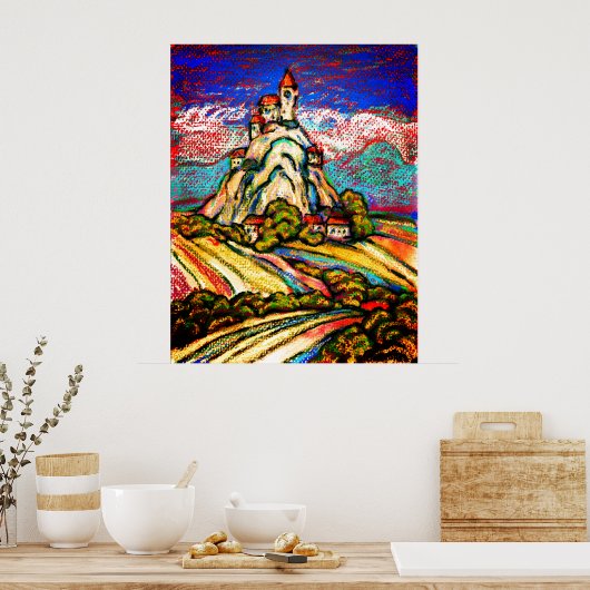 Hill Castle Colorful Pastel Fantasy Poster (Keuken)