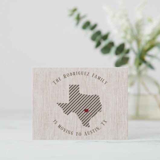 Hill Country Brown Linen Heart Texas Moving Aankondigingskaart (Staand voorkant)