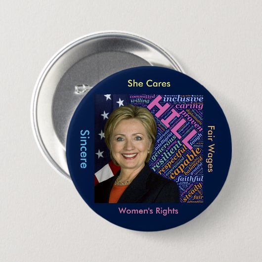 Hillary Clinton Pres, Flag en Caring Words Button (Voorkant /achterkant)