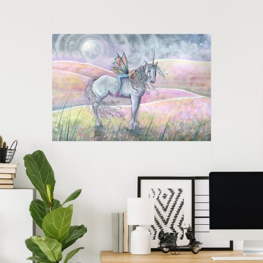 Hills of Enchantment Unicorn en Fairy Fantasy Art Poster (Thuiskantoor)