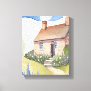 Hillside Cottage Aquarel Bakstenen Huisschilderi Canvas Afdruk