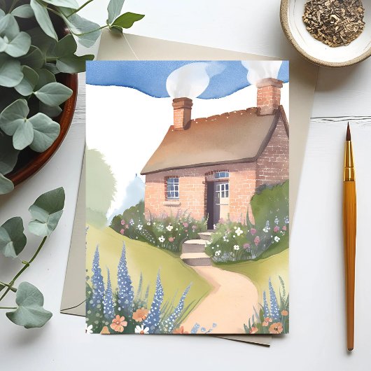 Hillside Cottage | Waterverf Brick Home Painting Briefkaart