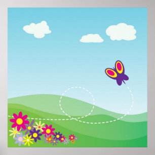 HILLSIDE MET BUTTERFLES EN STROMEN POSTER