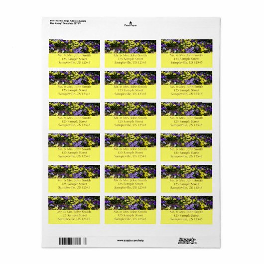 Hillside van Paarse en gele pansies Etiket (Full Sheet)