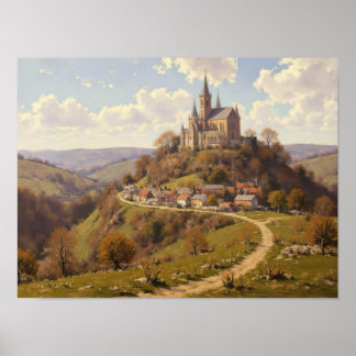 Hilltop Kerk Pad Impressionistisch Olie Schilderij Poster