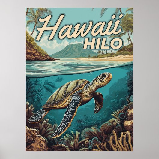Hilo Hawaii Big Island Retro Tropische Kust Poster (Voorkant)