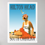 Hilton Head Beach Scene Poster<br><div class="desc">Een retro-poster dat tot nu toe nooit is geweest. Een creatieve redo van een oud poster dat had moeten zijn. Hilton Head Beach in retro stijl uit het kunstdeco-tijdperk. Heldere kleuren met een vrouw op het strand onder een blauwe hemel.</div>