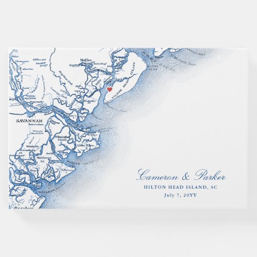 Hilton Head Island Kaart Elegant Navy Blue Bruilof Gastenboek (Voorkant)