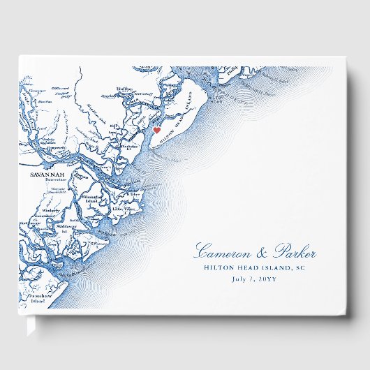 Hilton Head Island Kaart Elegant Navy Blue Bruilof Gastenboek (Voorkant)