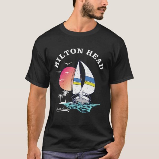 Hilton Head Island Sailboat Ocean Palm Trees Sunse T-shirt (Voorkant)