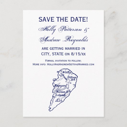 Hilton Head Island SC Map Navy Blue Aankondigingskaart (Voorkant)