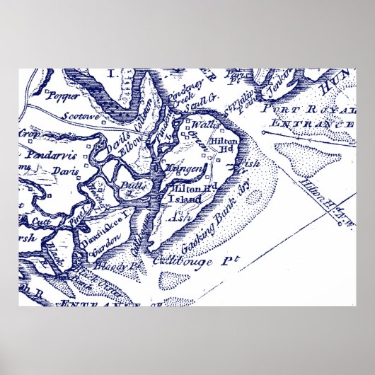 Hilton Head Island SC Map Navy Blue Poster (Voorkant)